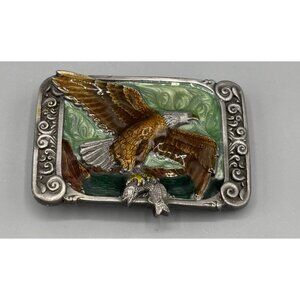 1984 Eagle Enameled Belt Buckle Green/Brown Silver Tone